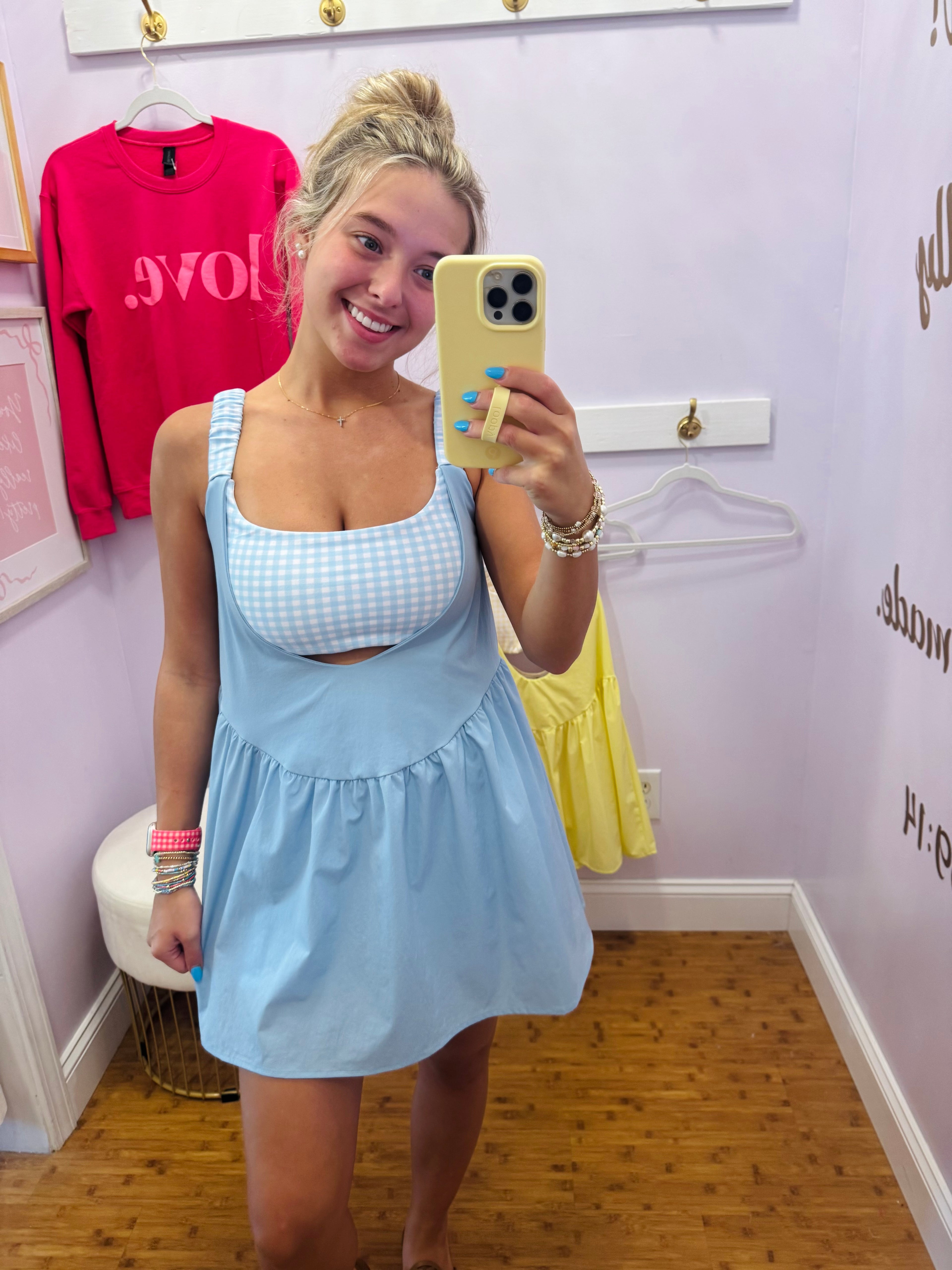 Gingham Print Double Layered Active Dress - Blue