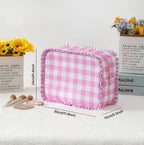 Striped Plaid Ruffles Cosmetic Bag Simple & Fresh Travel Makeup and Toiletry Pouch: Pink
