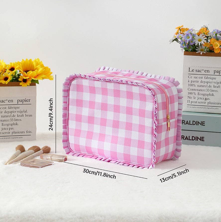 Striped Plaid Ruffles Cosmetic Bag Simple & Fresh Travel Makeup and Toiletry Pouch: Pink