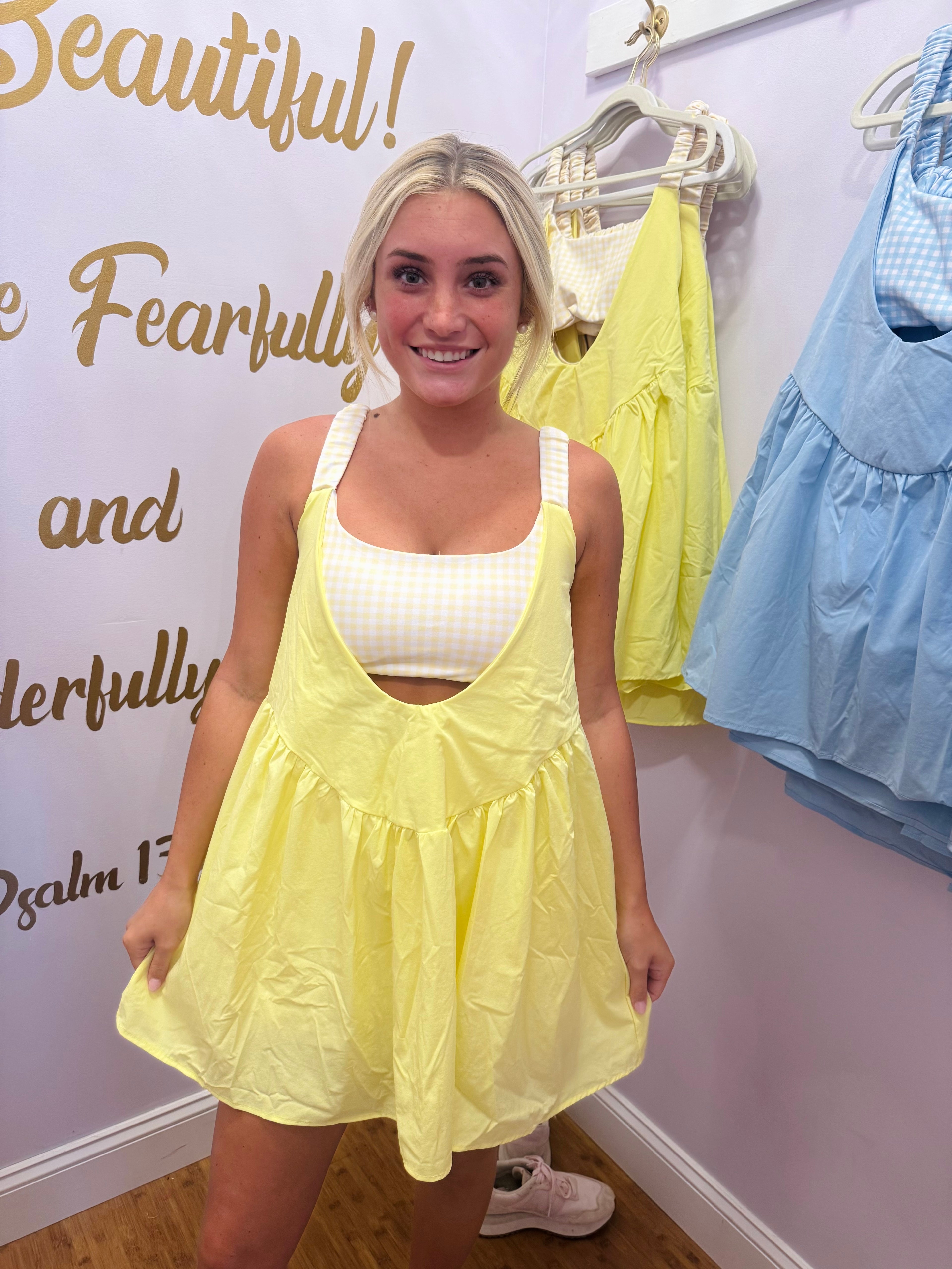 yellow active dress Neon Courtside Rhinestone Sport Adventure Approved OUTDOOR VOICES EXERCISE DRESS -