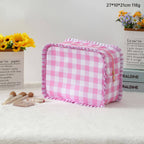 Striped Plaid Ruffles Cosmetic Bag Simple & Fresh Travel Makeup and Toiletry Pouch: Pink