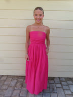 Striped Tube Neck Strapless Flare Maxi Dress: Pink