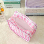 Striped Plaid Ruffles Cosmetic Bag Simple & Fresh Travel Makeup and Toiletry Pouch: Pink