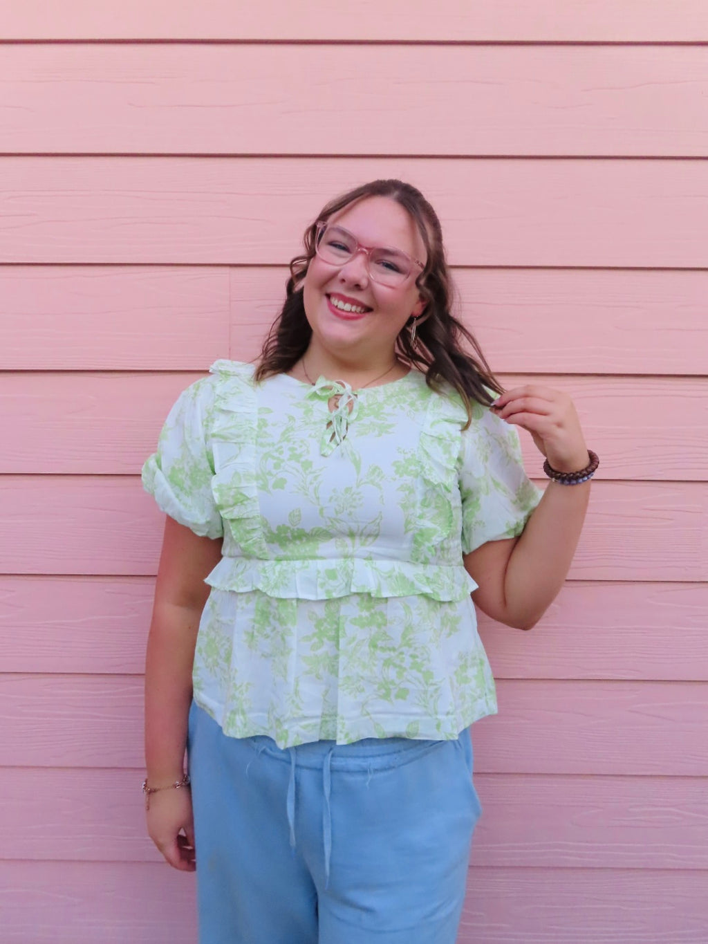 Ribboned and Ruffled Blouse - Green