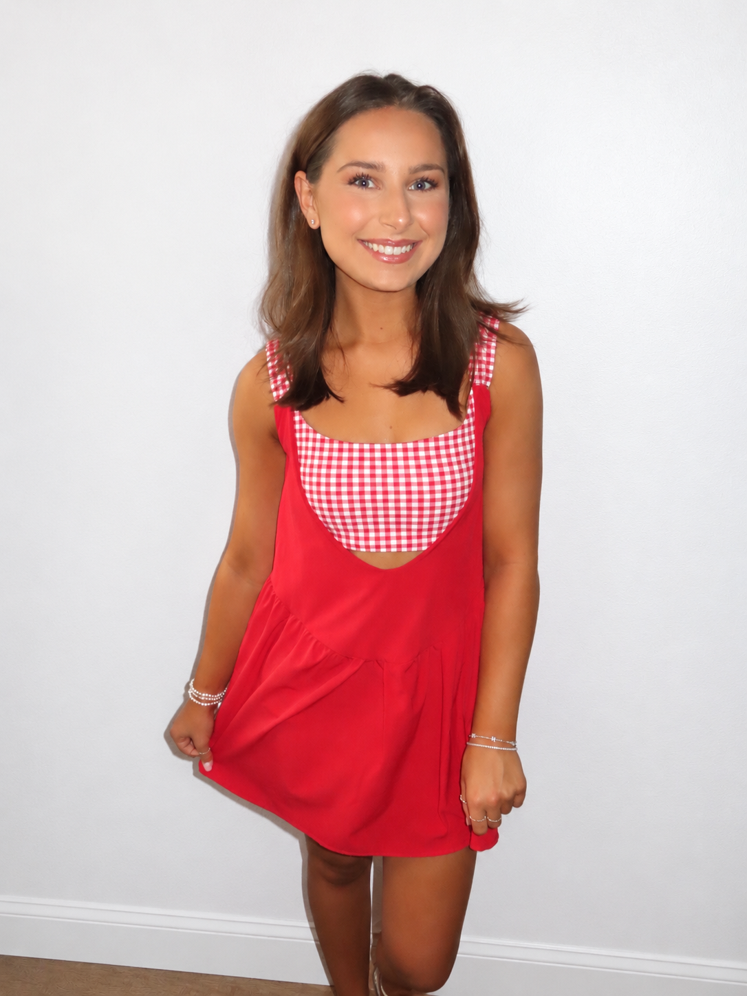 Gingham Print Double Layered Play Dress: Red