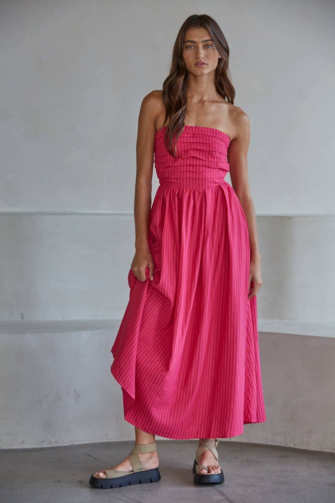 Striped Tube Neck Strapless Flare Maxi Dress: Pink