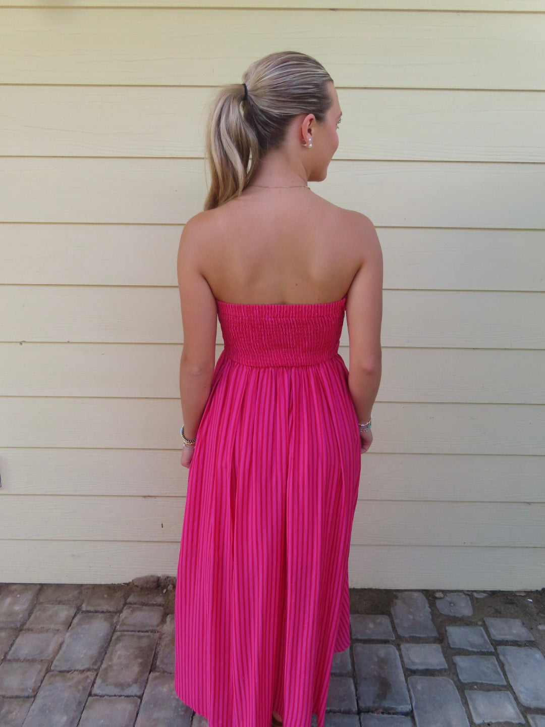 Striped Tube Neck Strapless Flare Maxi Dress: Pink