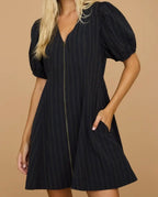 Navy Puff Sleeve Zip Front MINI
