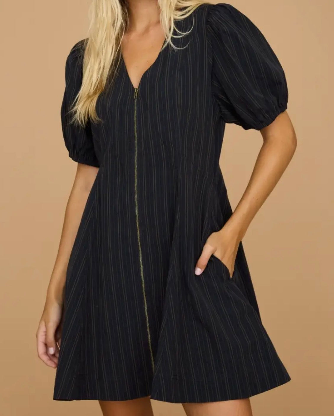 Navy Puff Sleeve Zip Front MINI