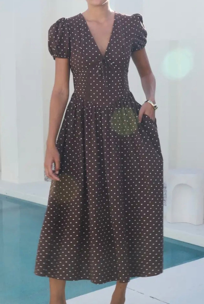 Brown Polka Dot Puff Sleeve MIDI