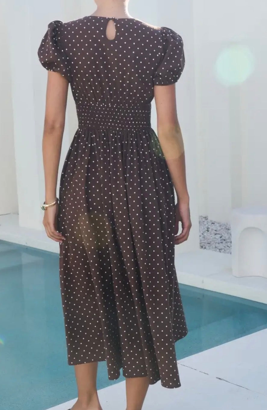 Brown Polka Dot Puff Sleeve MIDI