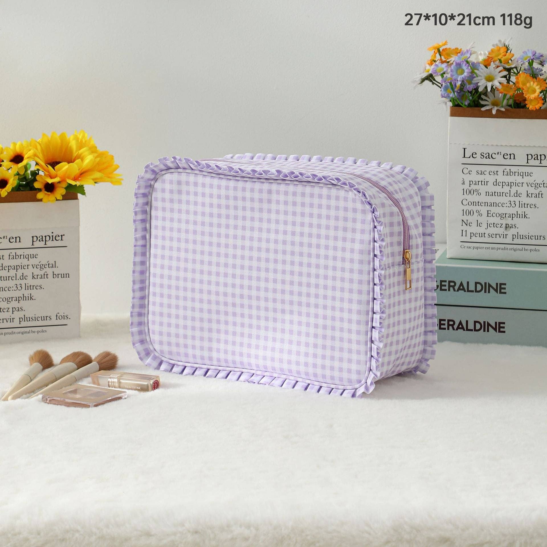 Striped Plaid Ruffles Cosmetic Bag Simple & Fresh Travel Makeup and Toiletry Pouch: Lavender