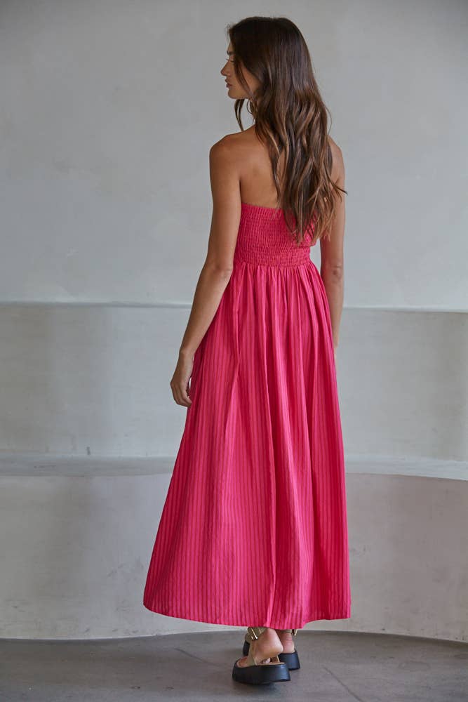 Striped Tube Neck Strapless Flare Maxi Dress: Pink