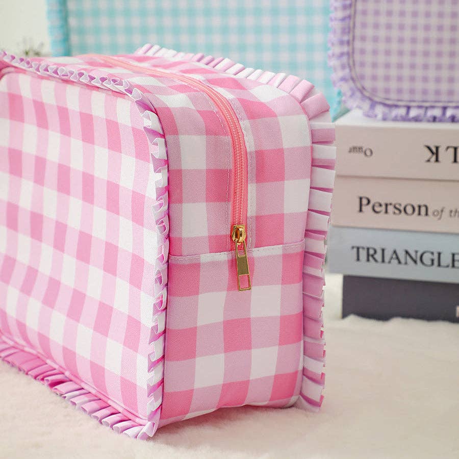 Striped Plaid Ruffles Cosmetic Bag Simple & Fresh Travel Makeup and Toiletry Pouch: Pink