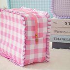 Striped Plaid Ruffles Cosmetic Bag Simple & Fresh Travel Makeup and Toiletry Pouch: Pink